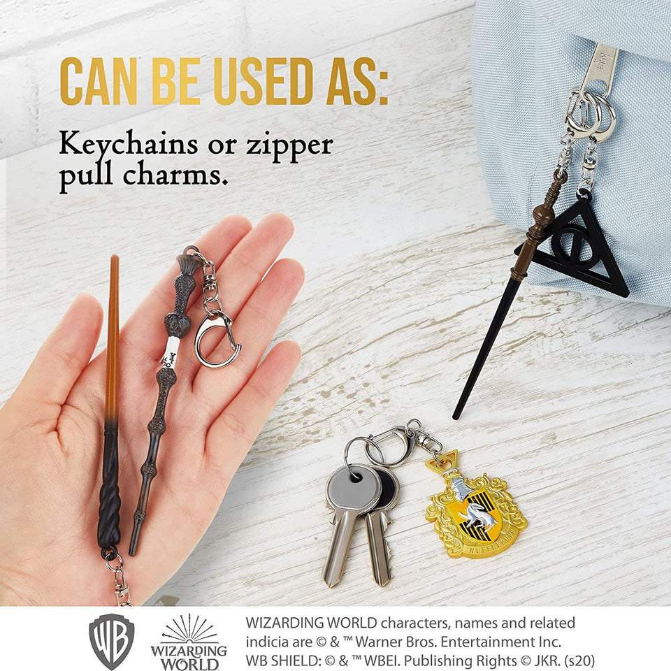 Harry Potter Wand Keychain 6pk Hufflepuff Crest Deathly Hallows Remus Neville Set PMI International