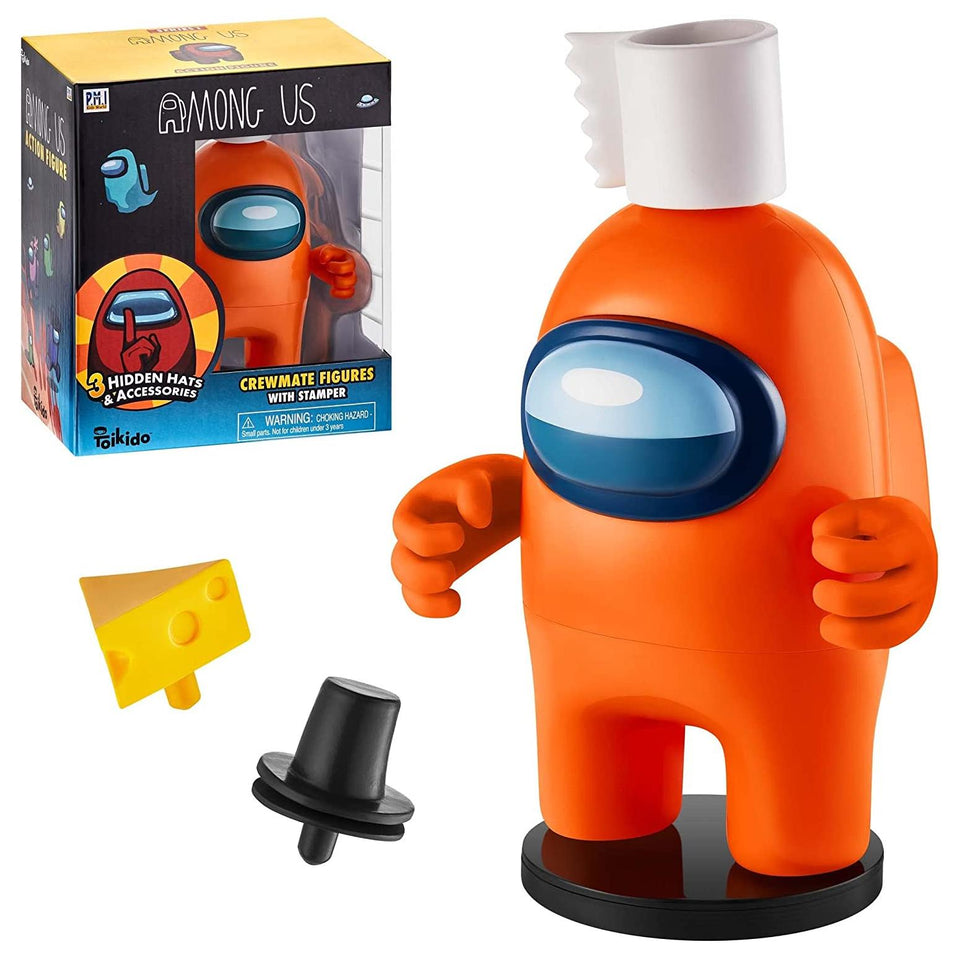 Among Us Orange Crewmate Ink Stamper Toilet Paper Hat Cheese 5" Figure PMI International