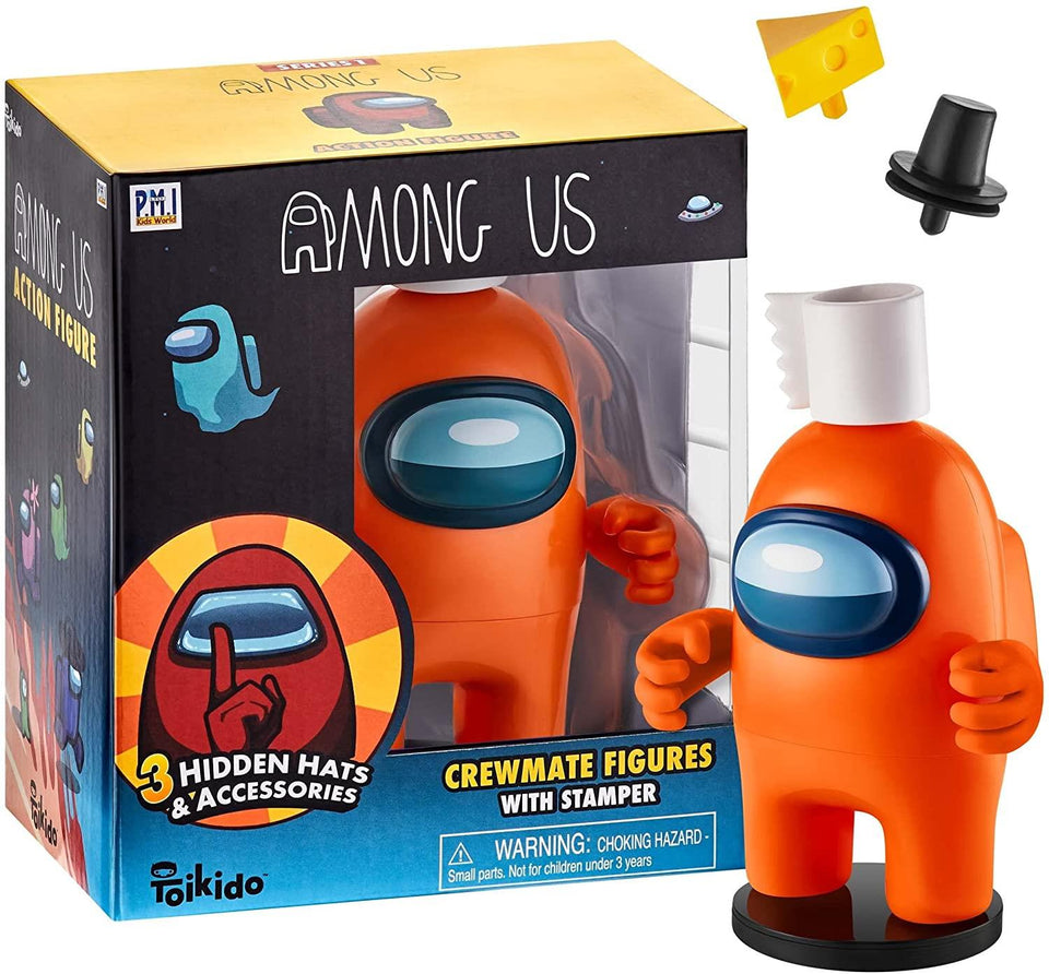 Among Us Orange Crewmate Ink Stamper Toilet Paper Hat Cheese 5" Figure PMI International