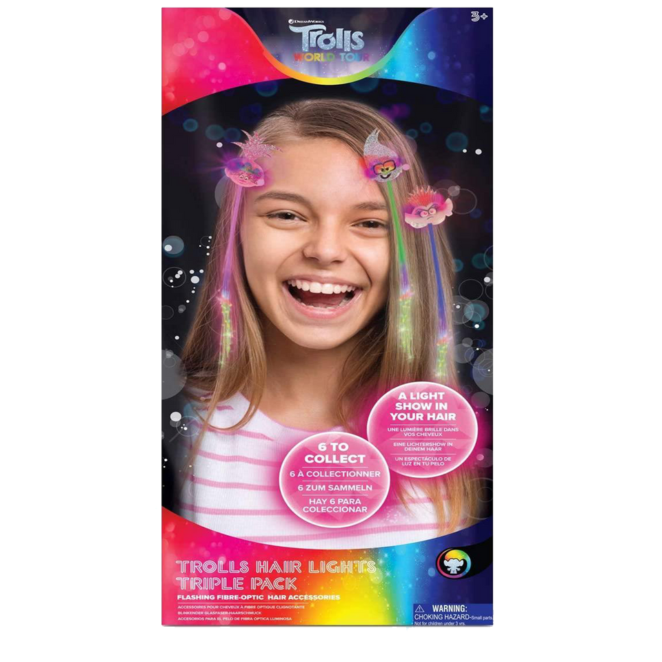 Trolls World Tour Hair Lights 3pk Fibre Optic Color Extensions Clips Dreamworks