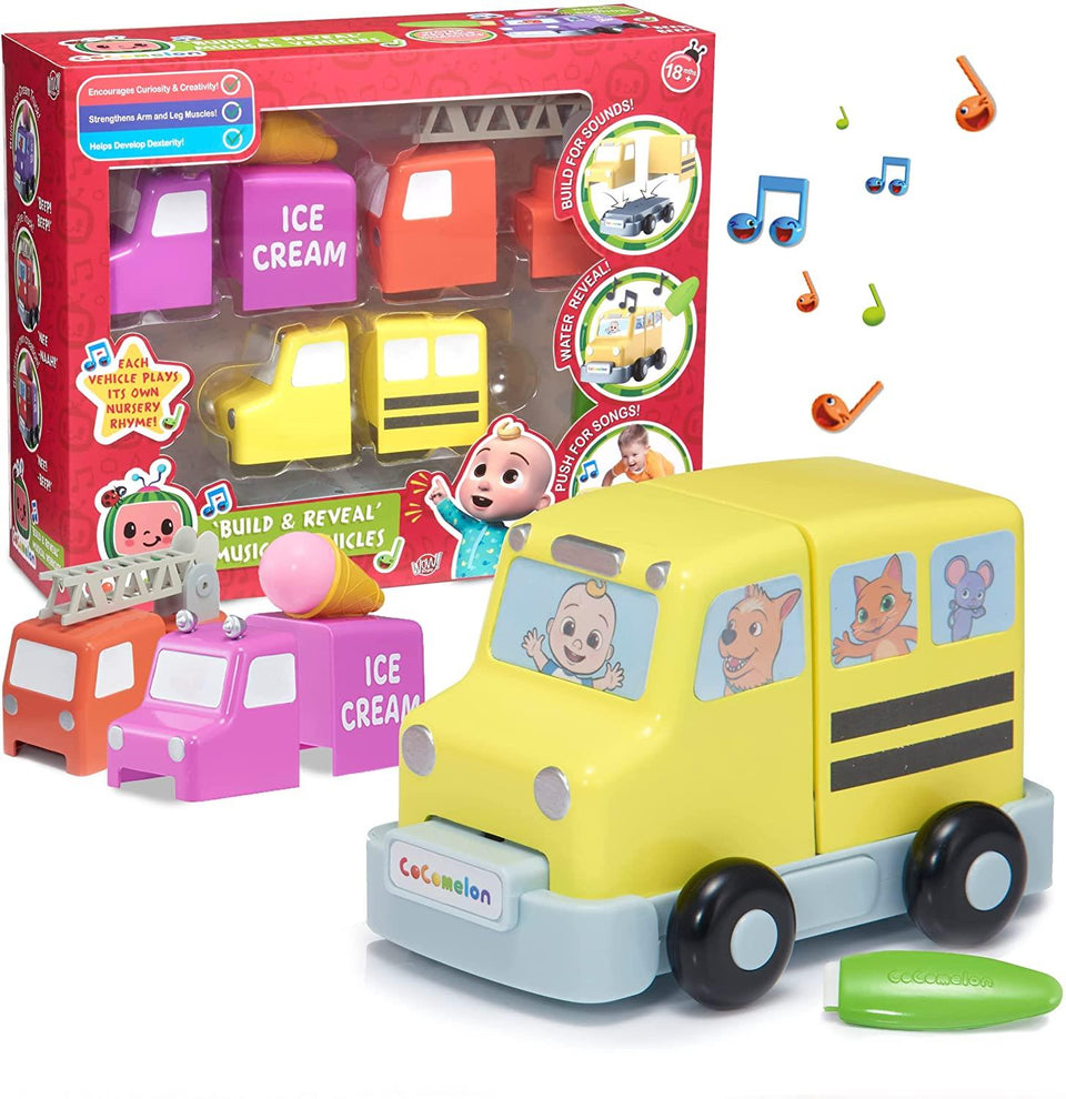 CoComelon Build Reveal Musical Vehicles School Bus Fire Engine Ice Cream Truck Toy WOW! Stuff