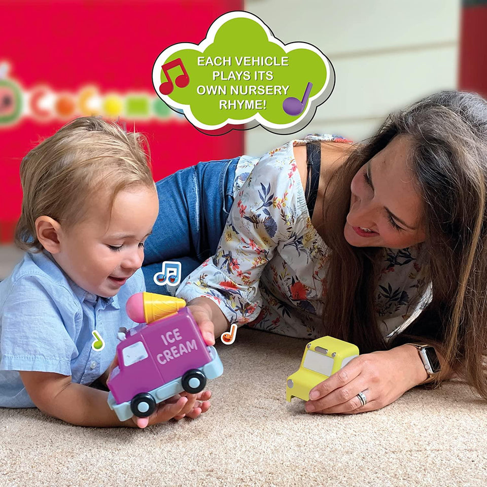 CoComelon Build Reveal Musical Vehicles School Bus Fire Engine Ice Cream Truck Toy WOW! Stuff