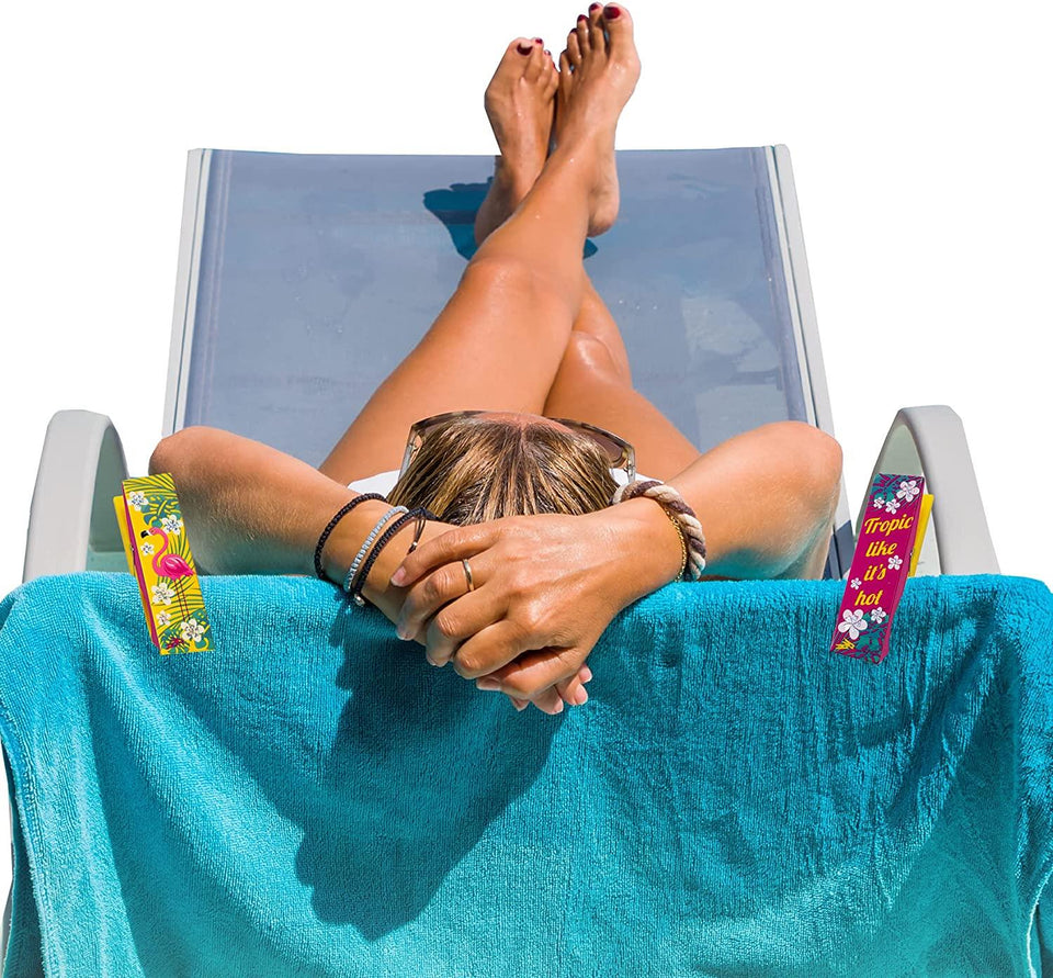 Beach Pool Towel Clip Tropic Like It's Hot & Flamingo Summer Secure Bag Lounge Chair LogoPeg