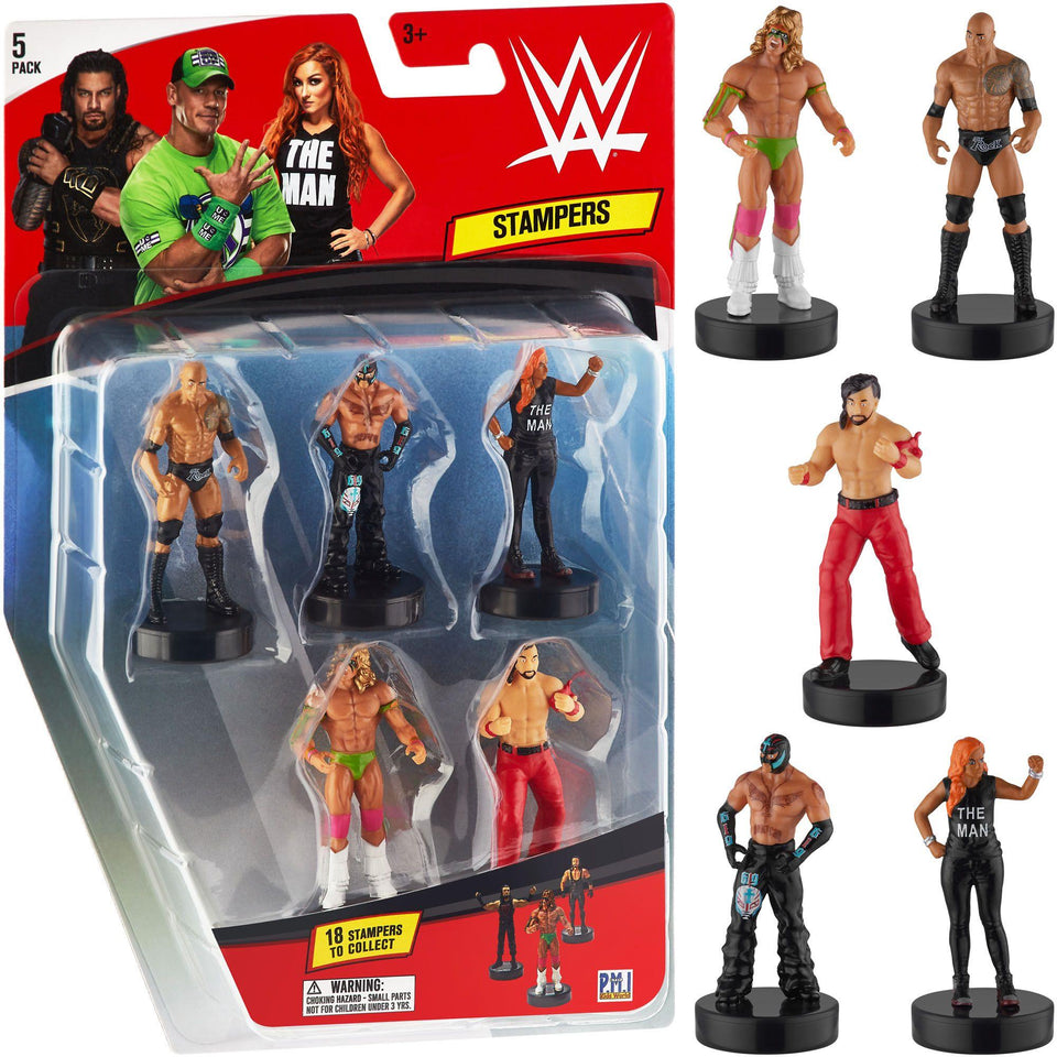 WWE Wrestler Stampers 5pk The Rock Mysterio Becky Lynch Ultimate Warrior PMI International