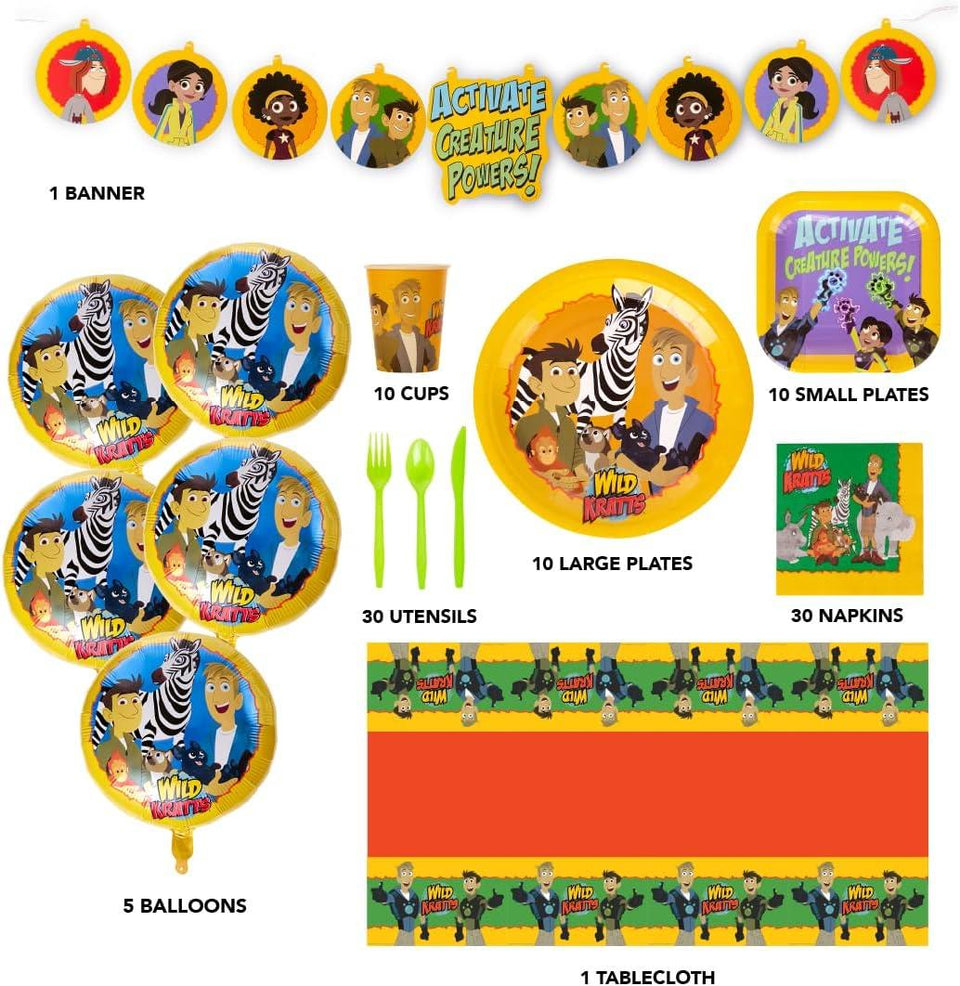 Wild Kratts Party in a Box Kit 97pcs Decor Banner Tablecloth Napkins Cups Balloons Plates Mighty Mojo