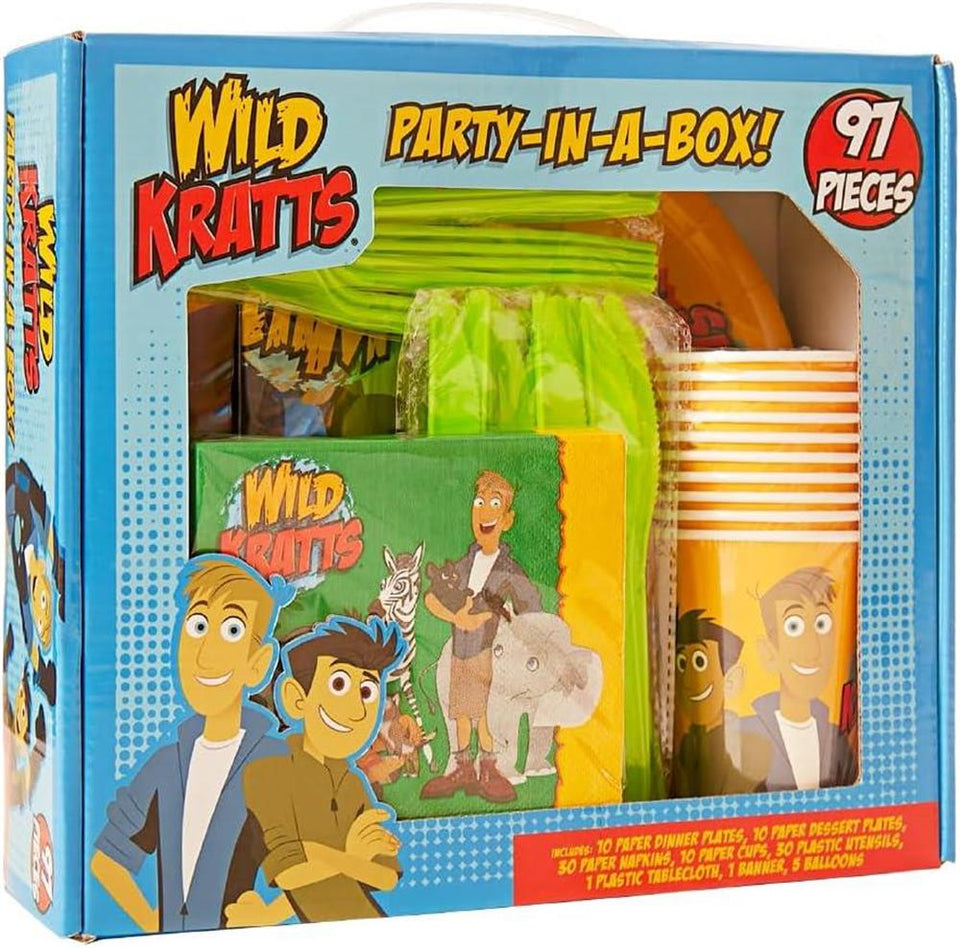 Wild Kratts Party in a Box Kit 97pcs Decor Banner Tablecloth Napkins Cups Balloons Plates Mighty Mojo