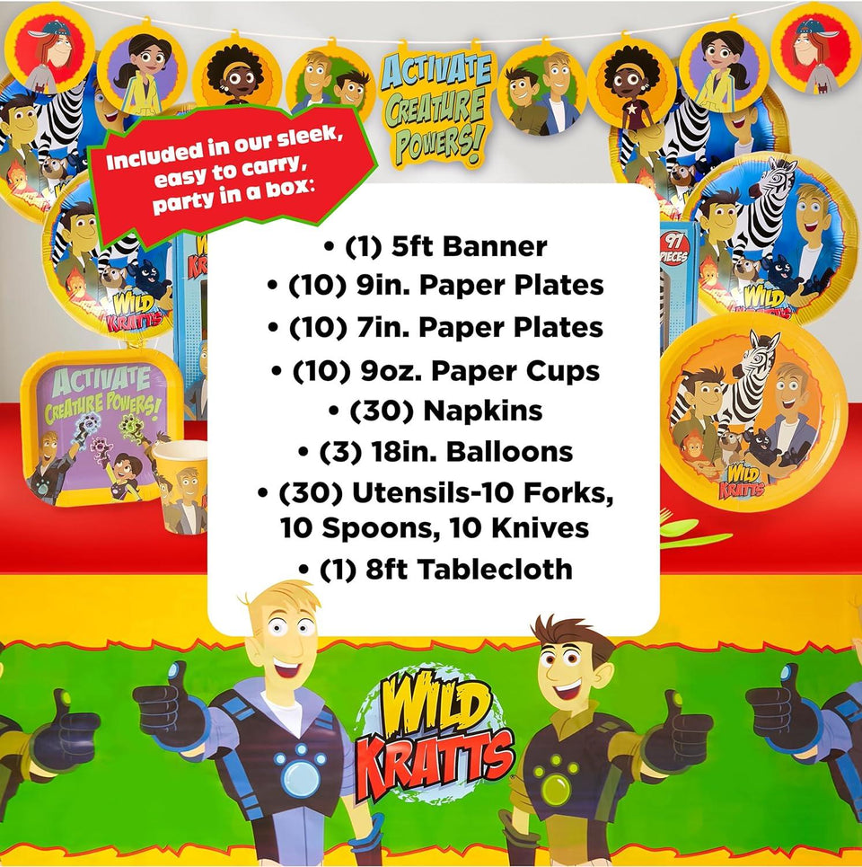 Wild Kratts Party in a Box Kit 97pcs Decor Banner Tablecloth Napkins Cups Balloons Plates Mighty Mojo