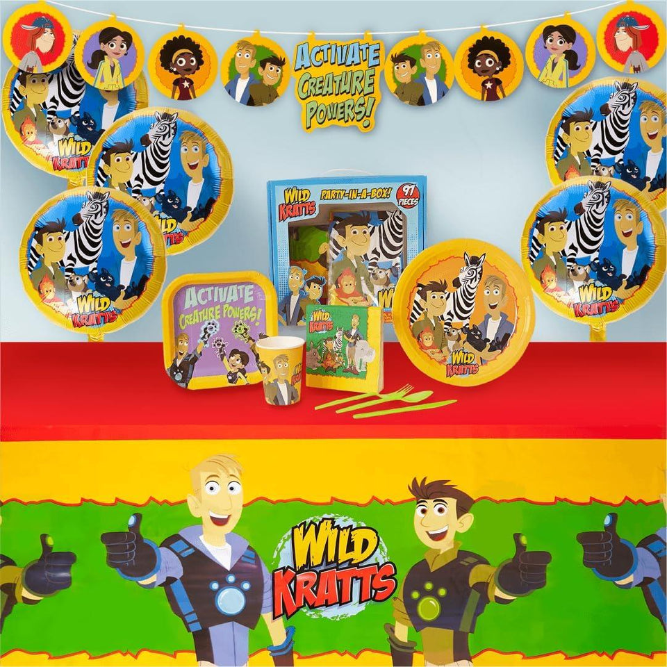 Wild Kratts Party in a Box Kit 97pcs Decor Banner Tablecloth Napkins Cups Balloons Plates Mighty Mojo