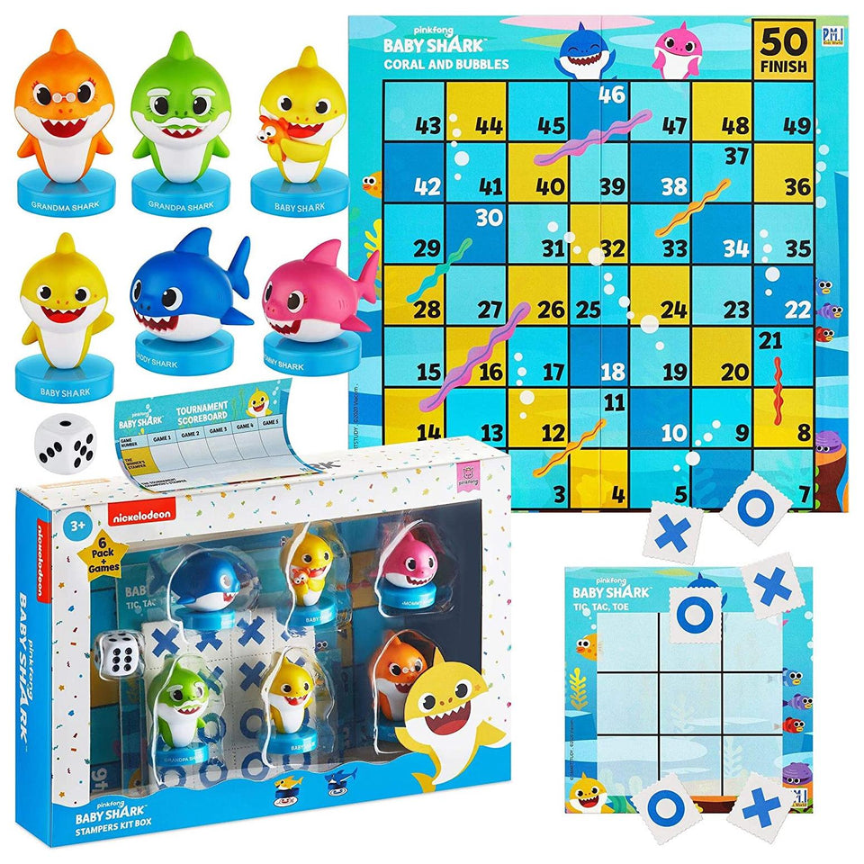 Baby Shark Game Board Set Tic-Tac-Toe Chutes & Ladders Stampers Figures Kids Playset PMI International