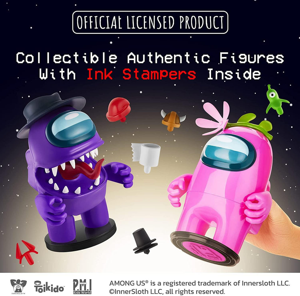 Among Us Stamper Crewmate Purple Impostor Pink Flower Hat 7" Figure Set PMI International