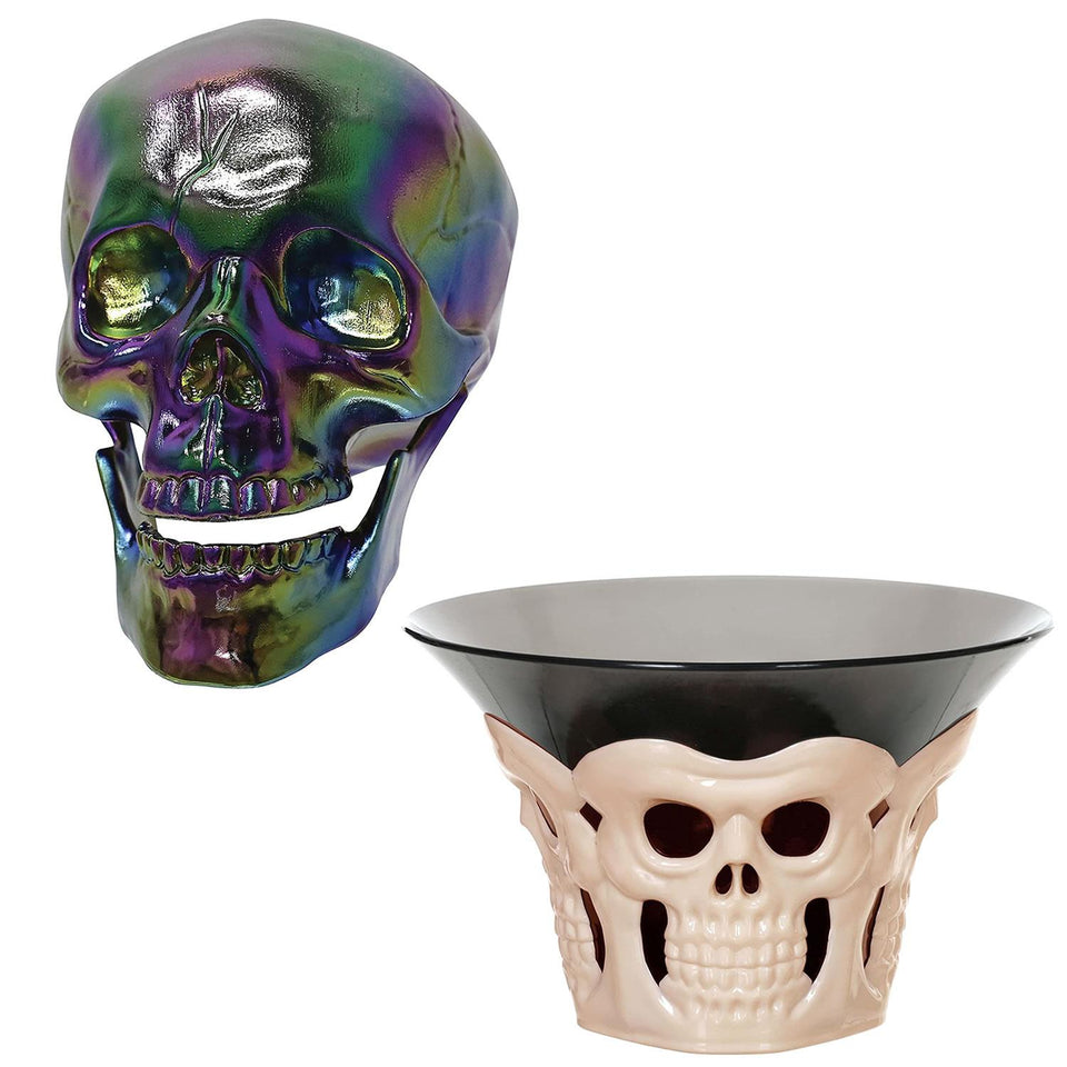 Bone Skull Candy Bowl & Skull Oil Slick Iridescent Finish Bundle Spooky Halloween Seasons Z18246W80646