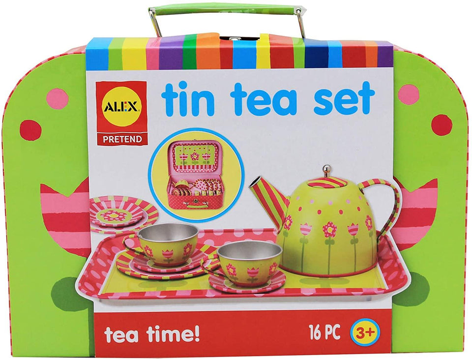 Alex Pretend Play Tea Time Tin 16pc Floral Kids Teapot Party Set Toys