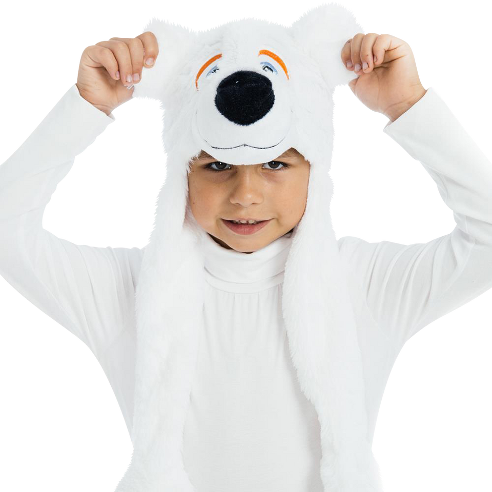 White Polar Bear Plush Headpiece Kids Costume Dress-Up Play Accessory Hat Animal